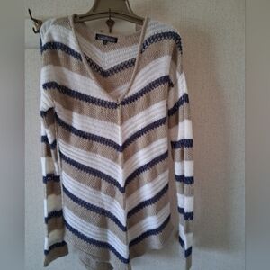Striped V-Neck Women’s Sweater in Cream, Tan & Navy
